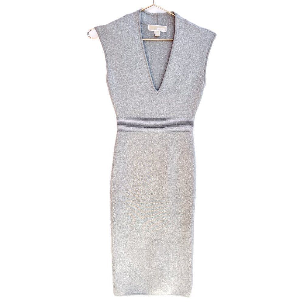 MICHAEL Michael Kors Silver V Neck Sleeveless Midi Stretch Bodycon DressXS